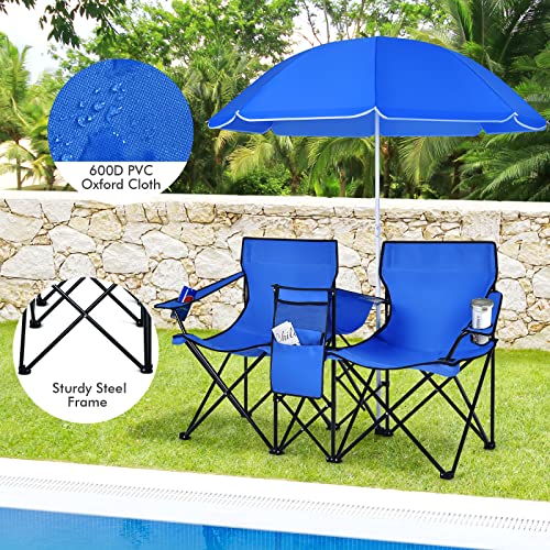 Goplus Double Camping Chair with Umbrella, Folding Loveseat Chairs w/Canopy Shade, Carrying Bag, Table, Cup Holder, Portab...