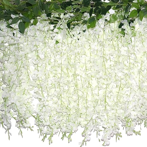 ZINHO 60 Branches Wisteria Hanging Flowers, Artificial White Wisteria Flowers Garland for Wedding Arch Ceremony Party Gard...