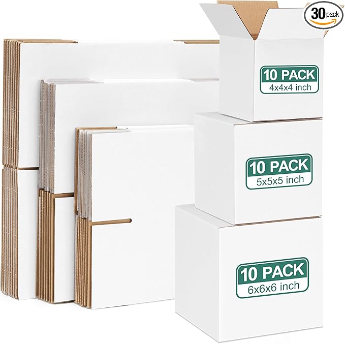 Eupako 30 Pack Small Shipping Boxes Assorted Sizes, 4x4x4 & 5x5x5 & 6x6x6 10 PCS Each Small Boxes, White Corrugated Box Ma...