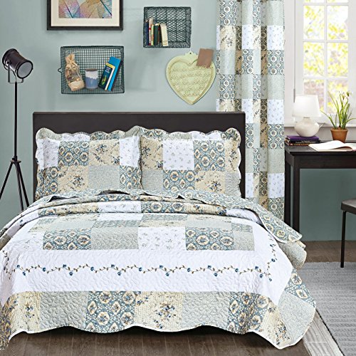 All American Collection New Reversible 3pc Floral Printed Patchwork Blue/Green Bedspread/Quilt Set Matching Curtains Avail...