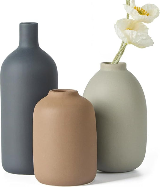 Joynisy Ceramic Vase Set of 3,Neutral Modern Vases for Bouquet Pampas Grass Dried Fresh Flowers,Rustic Home Decor for Livi...