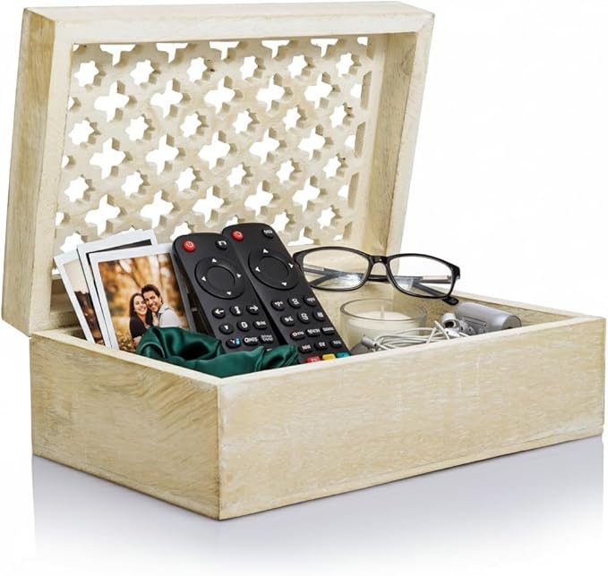 Mela Artisans Large Wooden Keepsake Box | Whitewash Memory & Decorative Storage Box for Jewelry, Photos & Trinkets with Hi...