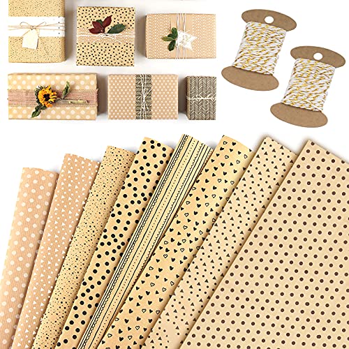 WKITKA Gift Wrapping Paper Set with String, Kraft Wrapping Paper Birthday Gift Wrap for Present Wrapping Christmas Gift fo...