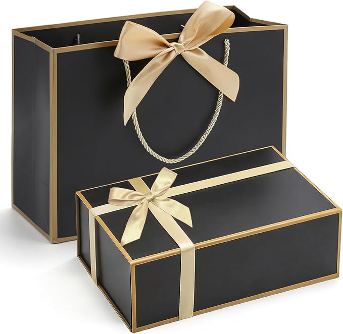 Magnetic Gift Box with Lids Ribbons and Gift Bag for Presents, 9.5x6x3" Black Gold Gift Box with Bag Set for Men Boys Him,...