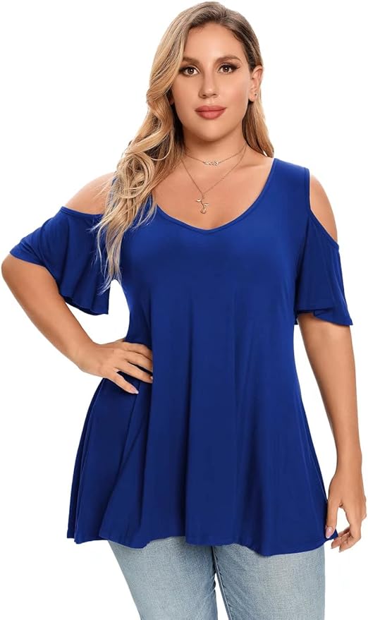 LARACE Plus Size Tunic Tops For Women V neck Short Sleeve T-shirt Cold Shoulder Loose Summer Tops Blouse