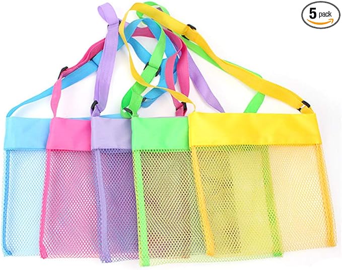 COTDINFORCA 5-PCS Colorful Mesh Beach Bags Sand Away Portable Foldable Sea Shell Bag with Adjustable Carrying Straps/Toy S...