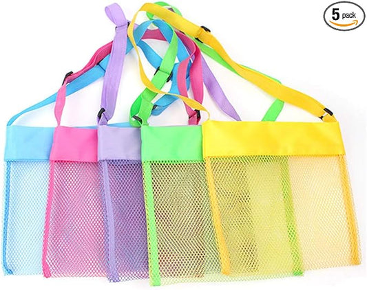 COTDINFORCA 5-PCS Colorful Mesh Beach Bags Sand Away Portable Foldable Sea Shell Bag with Adjustable Carrying Straps/Toy S...