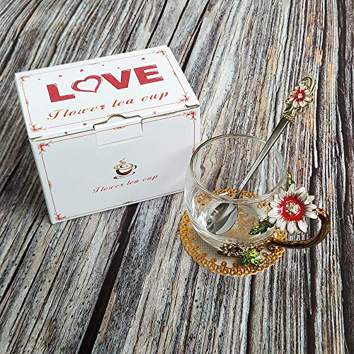JY-Danbady Enamel Sunflower Crystal Lead-Free Glass Tea Cup with Spoon Set, Present for The Christmas, Valentine's Day.Bes...