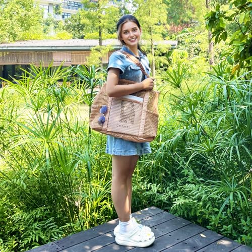 Fammart Mesh Beach Bag for Women, Casual Hobo Bags Large Beach Tote for Pool Travel Cruise Vacation Essentials