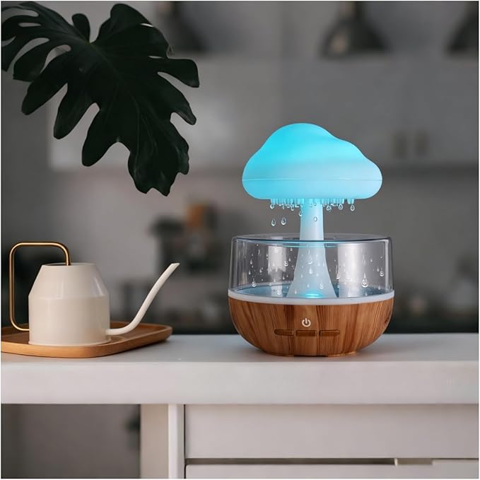 Weljoy Mushroom Cloud Rain Lamp, 7 Color Changing LED Tabletop Fountain with Water Drip Sounds, USB Rechargeable Desk Deco...