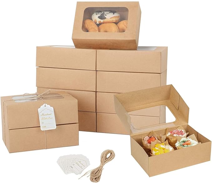 YEKTFS 24 Pcs Cookie Boxes with Window for Paper Gift Giving Brown Bakery Gift Boxes 9 x 6.3 x 3 Inch, Easy Estate Holiday...