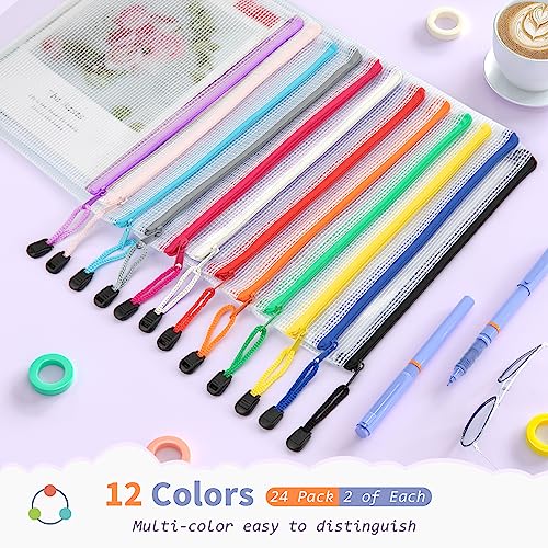 Umriox 24 Pack 12 Colors Small Zipper Pouch, 9.5" x 7.1"/A5 Size Mesh Bags with Zipper, mesh Bags for Puzzles Board Games ...