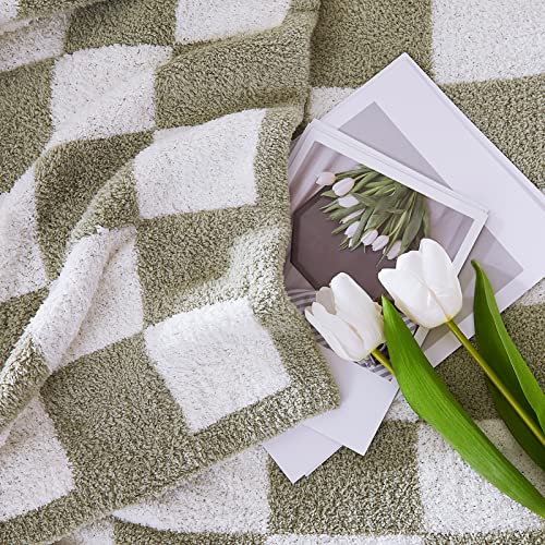 WRENSONGE Checkered Throw Blanket, Sage Green Soft Cozy Fluffy Hand Made Throw Blankets for Couch, Sofa, Chair, Bed, Campi...