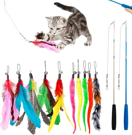 JIARON Cat Toys Feather Toy, 2PCS Retractable Wand and 10PCS Replacement Teaser with Bell Refills, Interactive Catcher and...