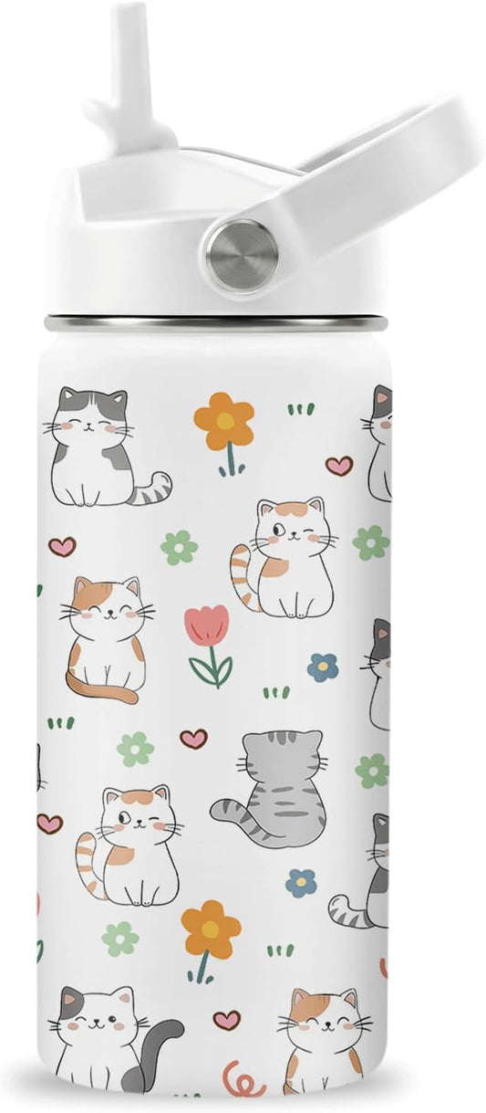Cat Gifts for Kids, 16oz Cat Water Bottle with Straw Lid, Stainless Steel Insulated Tumbler for Girls, Cats Lovers Present...