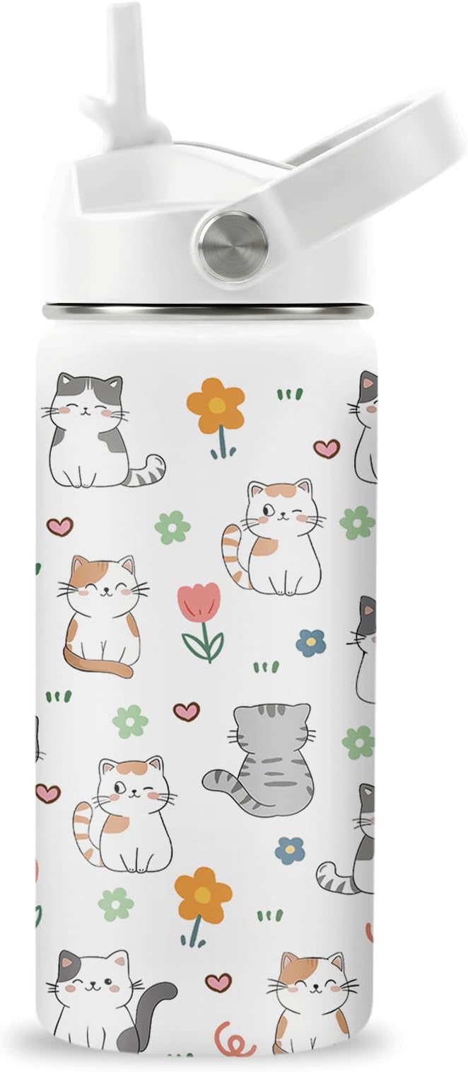 Cat Gifts for Kids, 16oz Cat Water Bottle with Straw Lid, Stainless Steel Insulated Tumbler for Girls, Cats Lovers Present...
