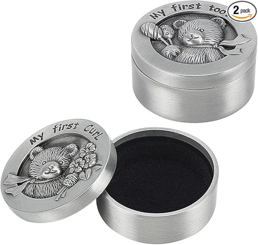 FINGERINSPIRE 2 PCS My First Curl & Tooth Bear Keepsake Box - 1.3inch Inner Size Antique Silver Baby Teeth Collection for ...