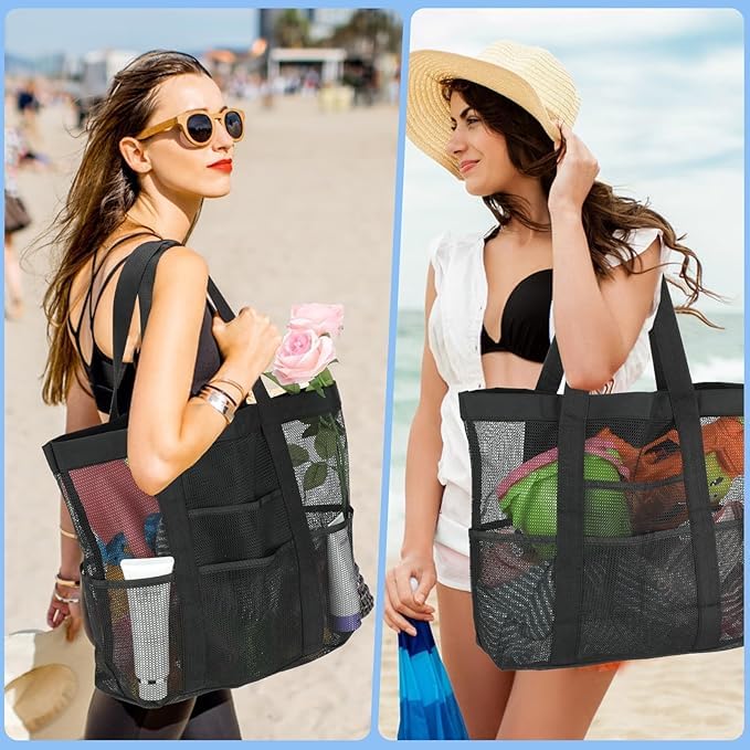 OILPUS Large Mesh Beach Bag, Beach Tote Bags with 9 Pocket for Family