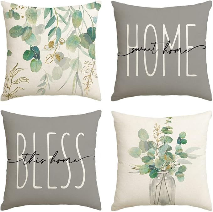AVOIN Colorlife Home Sweet Home Eucalyptus Leaves Throw Pillow Covers 18x18 Inch Set of 4, Spring Summer Seasonal Decorations