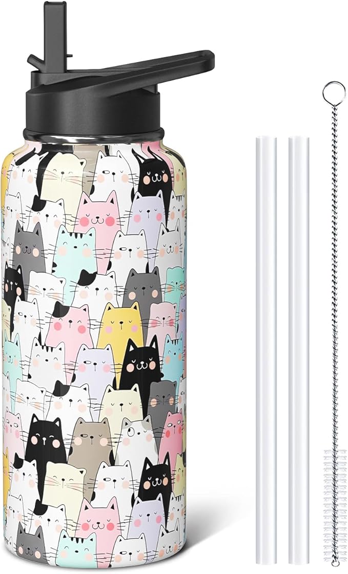 Sabobo Cat Gifts 32oz Water Bottles for Women Men, Cute Cats Stainless Steel Leak Proof Sport & Gym Water Bottle with Flip...