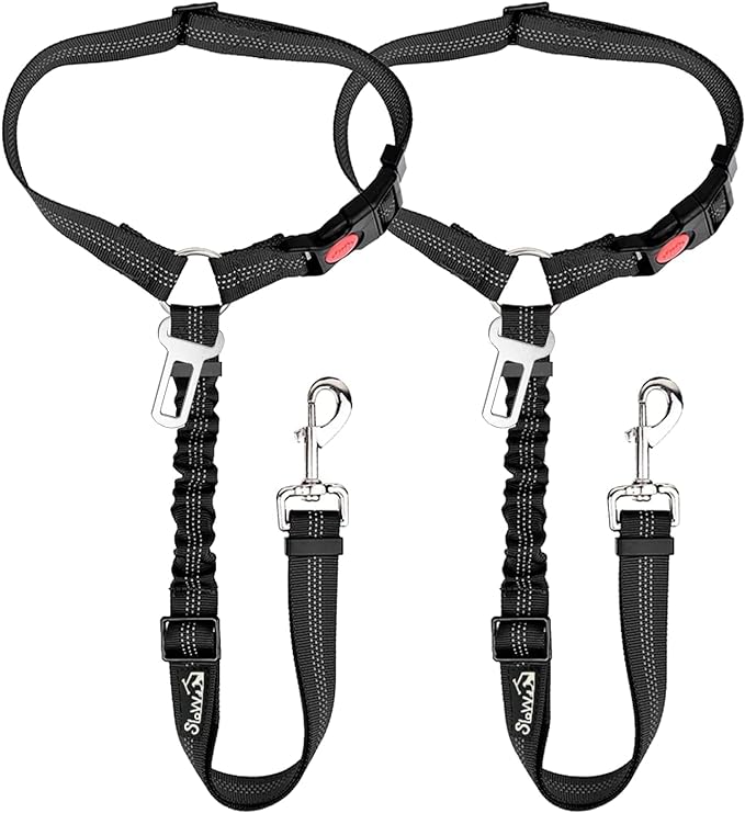 SlowTon Dog Seat Belt for Car, 2 Pack Dog Car Harness Seatbelt Adjustable with Elastic Bungee Buffer, 2 in 1 Pet Car Leash...