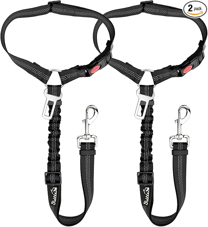 SlowTon Dog Seat Belt for Car, 2 Pack Dog Car Harness Seatbelt Adjustable with Elastic Bungee Buffer, 2 in 1 Pet Car Leash...
