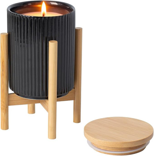 HUICAIMAO Lavender Scented Candle with Wood Stand& Ceramic Jar - 60H Natural Soy Wax, Highly Scented Aromatherapy Candle f...
