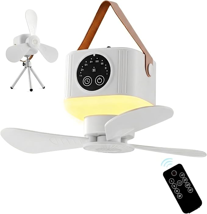 Liomus Portable Camping Fan with Lights,LED Hanging Ceiling Fan With Remote&Timer, 9.25" Wireless Rechargeable Tent Fan,4 ...
