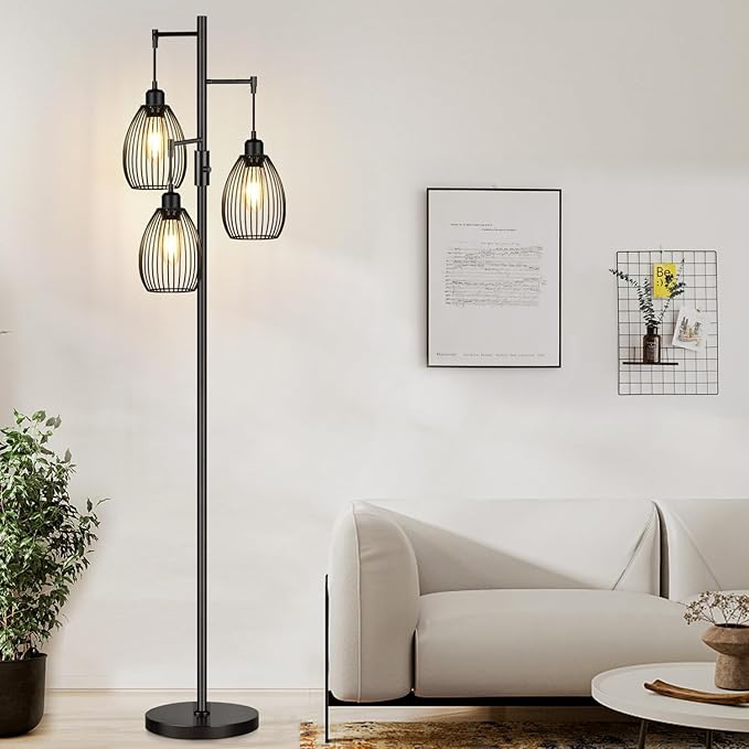 Dimmable Floor Lamp, 3 x 800LM LED Edison Bulbs Included, Farmhouse Industrial Floor Lamp Standing Tree Lamp with Elegant ...