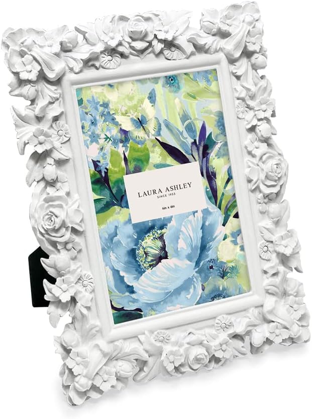 Laura Ashley 4x6 White Floral Textured Hand-Crafted Resin Picture Frame with Easel, for Tabletop & Wall Display, Decorativ...