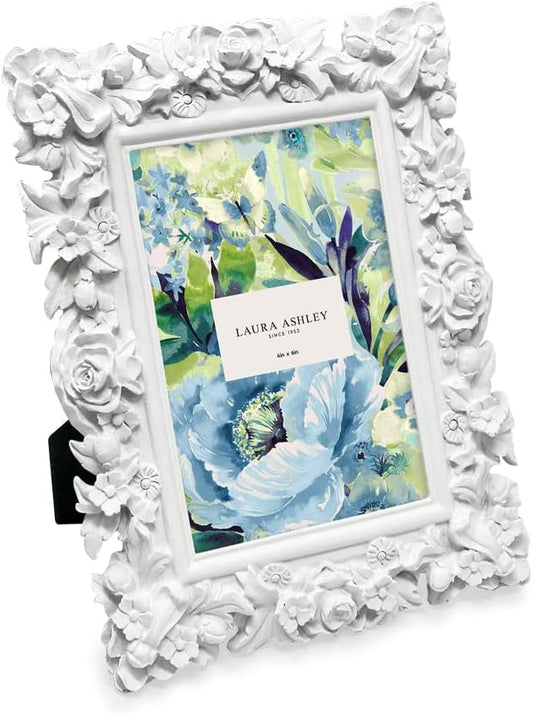 Laura Ashley 4x6 White Floral Textured Hand-Crafted Resin Picture Frame with Easel, for Tabletop & Wall Display, Decorativ...