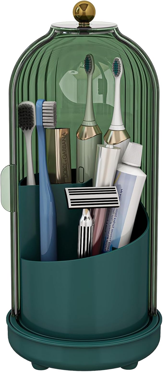 Zufudo Toothbrush Holders with Cover, Drainage Rotating Electric Toothbrush Organizer, 3 Slots Tooth Brush Holder for Bath...