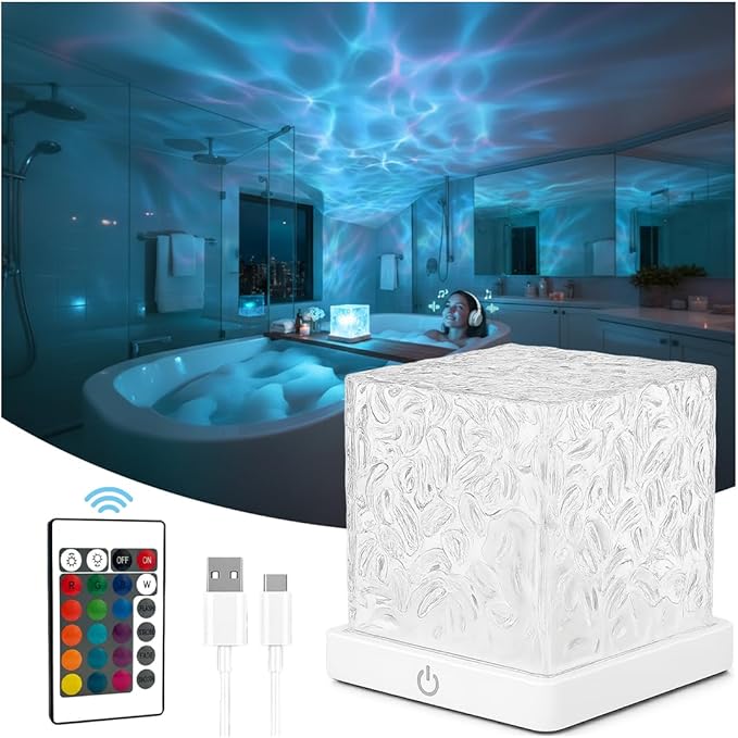 Rechargeable Shower Light No Wiring, 16 Color Changing Ocean Wave Lamp Projector, Waterproof Shower Mood Light Cube with R...