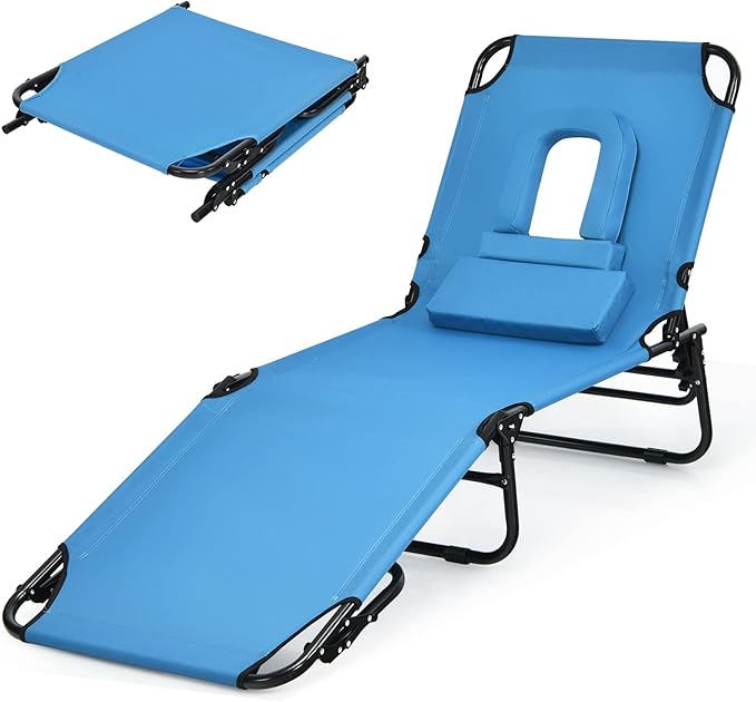 Gotoplay Folding Beach Lounge Chair w/ 5 Adjutable Backrest & Padded Pillow, Sunbathing Lounger Chair, Sun Tanning Lay Fla...