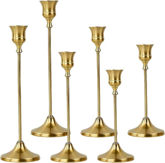 2 Sets(6 Pcs) Candle Stick Holders，Brass Gold Metal Taper Candle Holders, Vintage Modern Decorative Centerpiece Candlestic...
