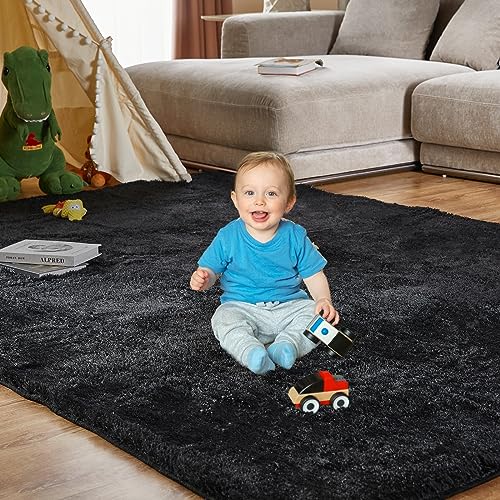 KNZE Super Soft Area Rugs for Living Room 5x7 Black, Fluffy Furry Shaggy Fuzzy Area Rug, Upgrade Anti-Skid Rectangular, Hi...