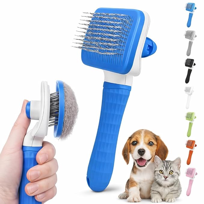 Generic Pet Grooming Brush, Blue - Self Cleaning Hair Brush for Dogs and Cats, Removes Loose Undercoat, Bristles with Mass...