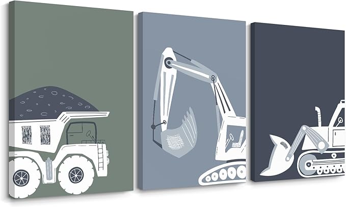 Construction Truck Wall Art Decor Toddler Boys Room Canvas Wall Art Tractor Vehicle Posters Dump Truck Wall Art Kids Bulld...