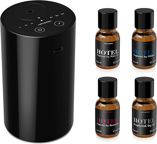 Airversa Waterless Essential Oil Diffuser Starter Kit with 4 x 10mL Hotel Scent Fragrance Oil, Battery Operated Mini Scent...