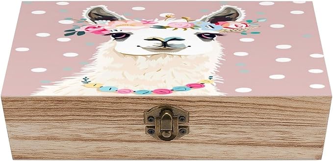 Ntyfur Alpaca Llama with Floral Crown Jewelry Box Wooden Rustic Keepsake Organizer with Front Clasp for Jewelry, Crafts & ...