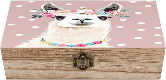 Ntyfur Alpaca Llama with Floral Crown Jewelry Box Wooden Rustic Keepsake Organizer with Front Clasp for Jewelry, Crafts & ...