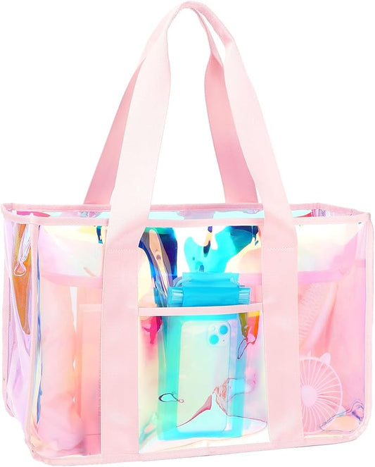 Fammart Iridescent Clear Beach Bags Waterproof Sandproof for Women, Large Jelly Tote Zipper Pool Bag Cruise Essentials 2026