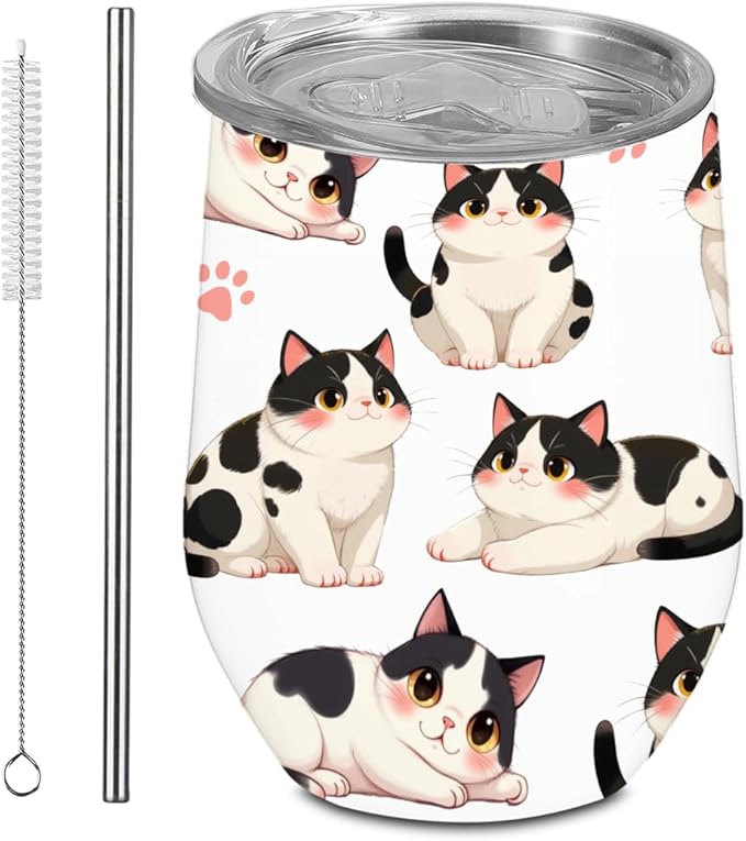 BQXH Cute Cat Tumbler With Lid and Straw, 12 oz Stainless Steel Insulated Water Bottle Coffee Mug, Gifts for Cat Lovers, T...