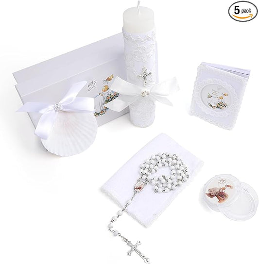 Baptism Candle Set for Boys Girls,5 PCS Baptism Kit Catholic Candle,Baptism Towel,Baptismal Shell,Rosary,Bible for Baby De...