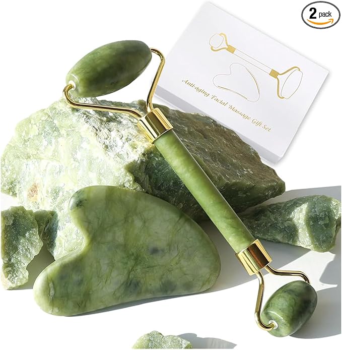 Jade Roller Gua Sha Facial Tools & Scraping Skin Care Tools Kit, Self Care Gift for Men Women (Green)