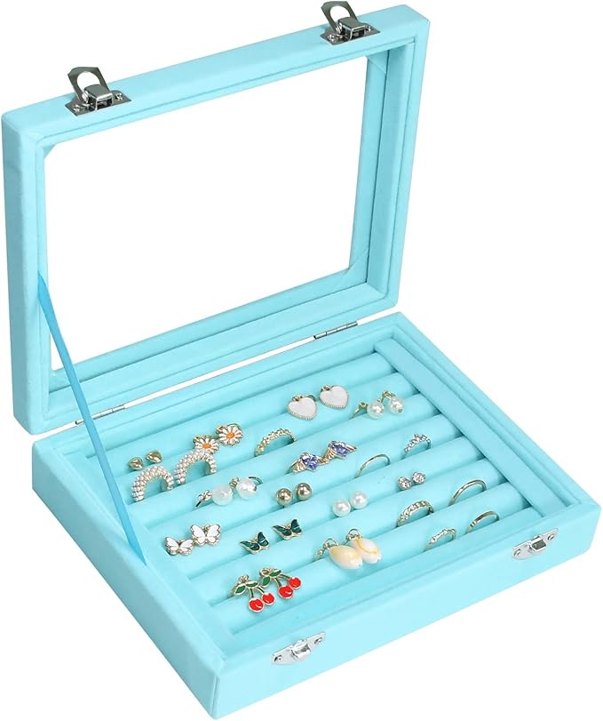 Vicoter Rings Organizer Tray 7 Slots Velvet Jewelry Earring Storage Box with Transparent lid Jewelry Display Case for Girl...