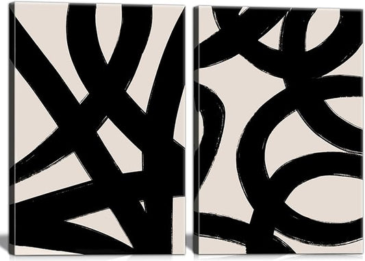 Framed Abstract Wall Art Canvas Set Lines Pictures Modern Mid Century Boho Wall Decor Minimalist Abstract Black Stroke Lin...
