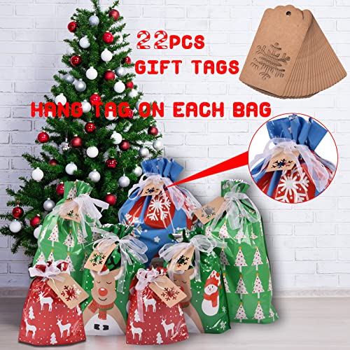 Christmas Gift Bags Assorted Sizes, 22pcs Drawstrings Christmas Bags For Gifts, Presents Wrapping Bags Favor Goody Bags Re...