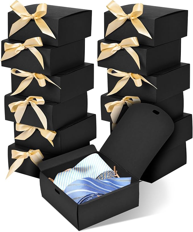 WLUSEAXI 12pack Small Gift Boxes with Lids for Presents, 4.5''x4.5''x2'' Black Gift Boxes with Ribbons, Party Boxes for Pa...
