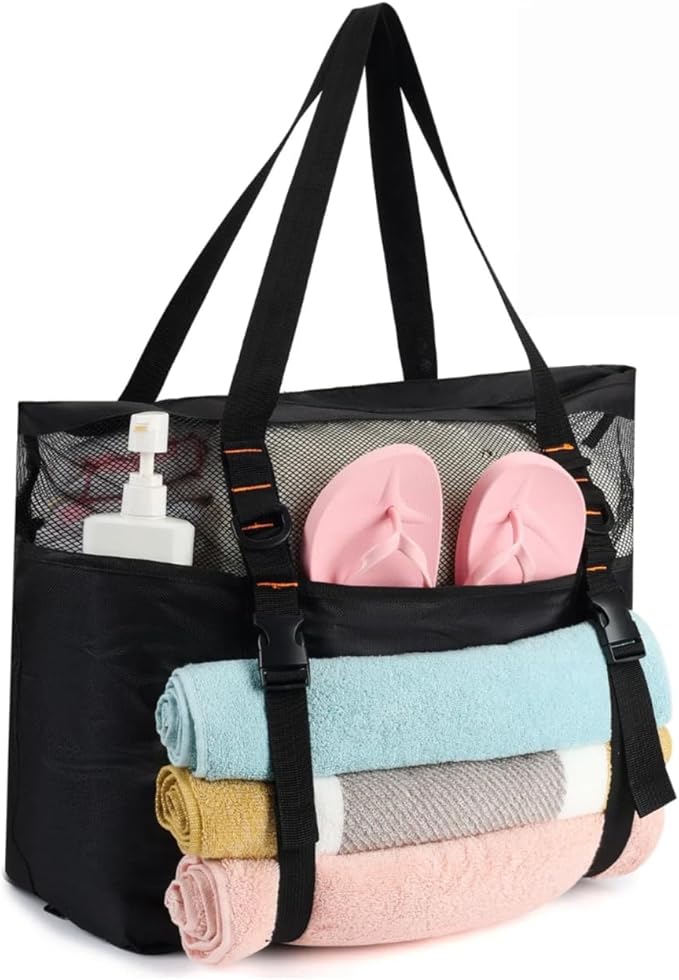 KOKKOYA 40L Large Black Mesh Beach Bag Tote with Zipper Towel Holder Sandproof Waterproof, 17" L x 8" D x 16.5" H